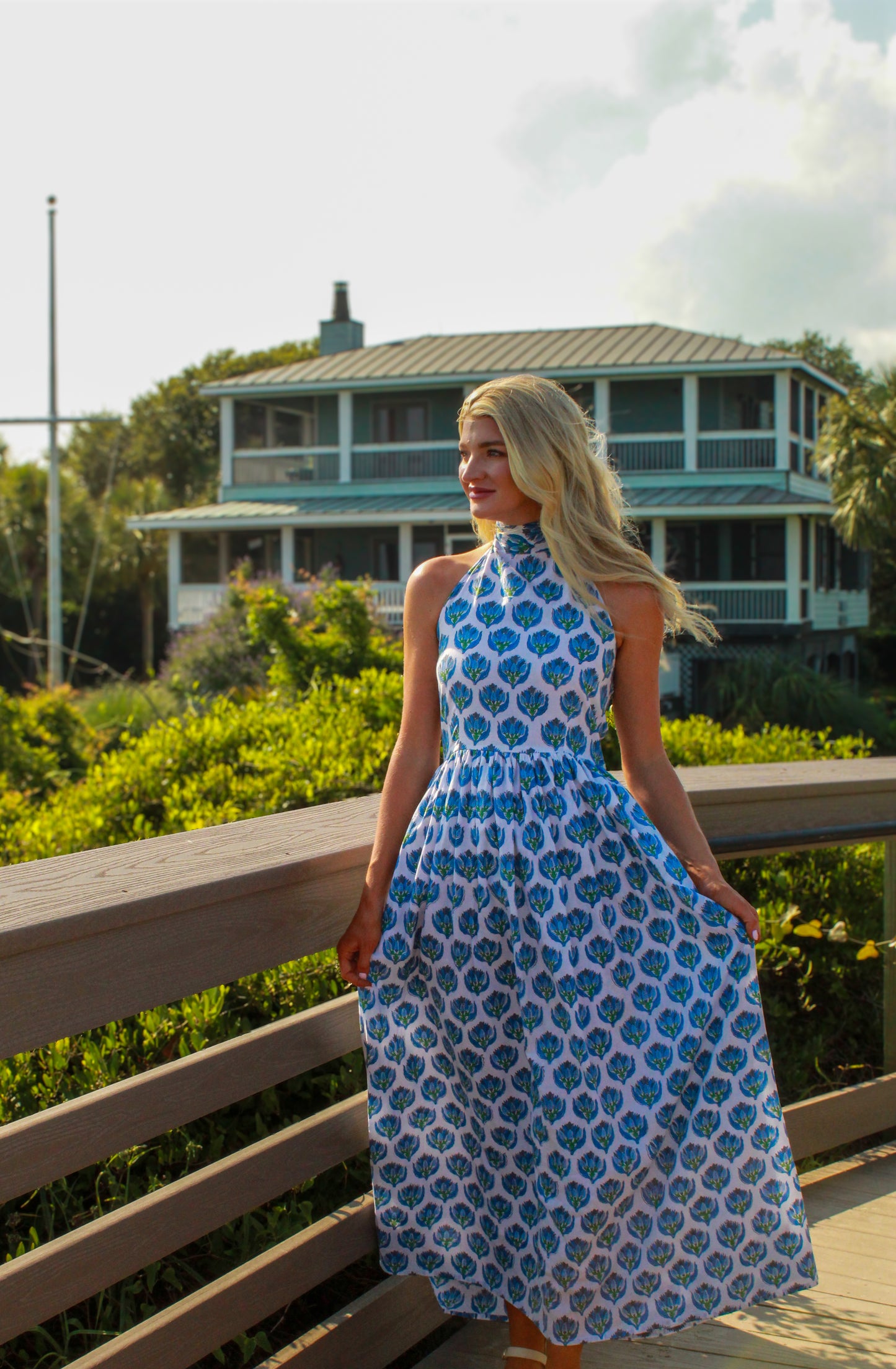 Coastal Blue Halter Neck Midi Dress