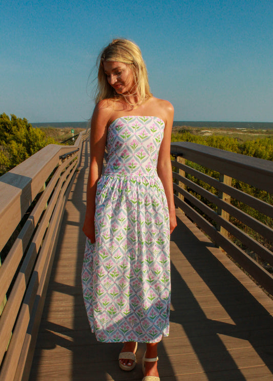 Skipper Pink and Green Strapless Midi Dress