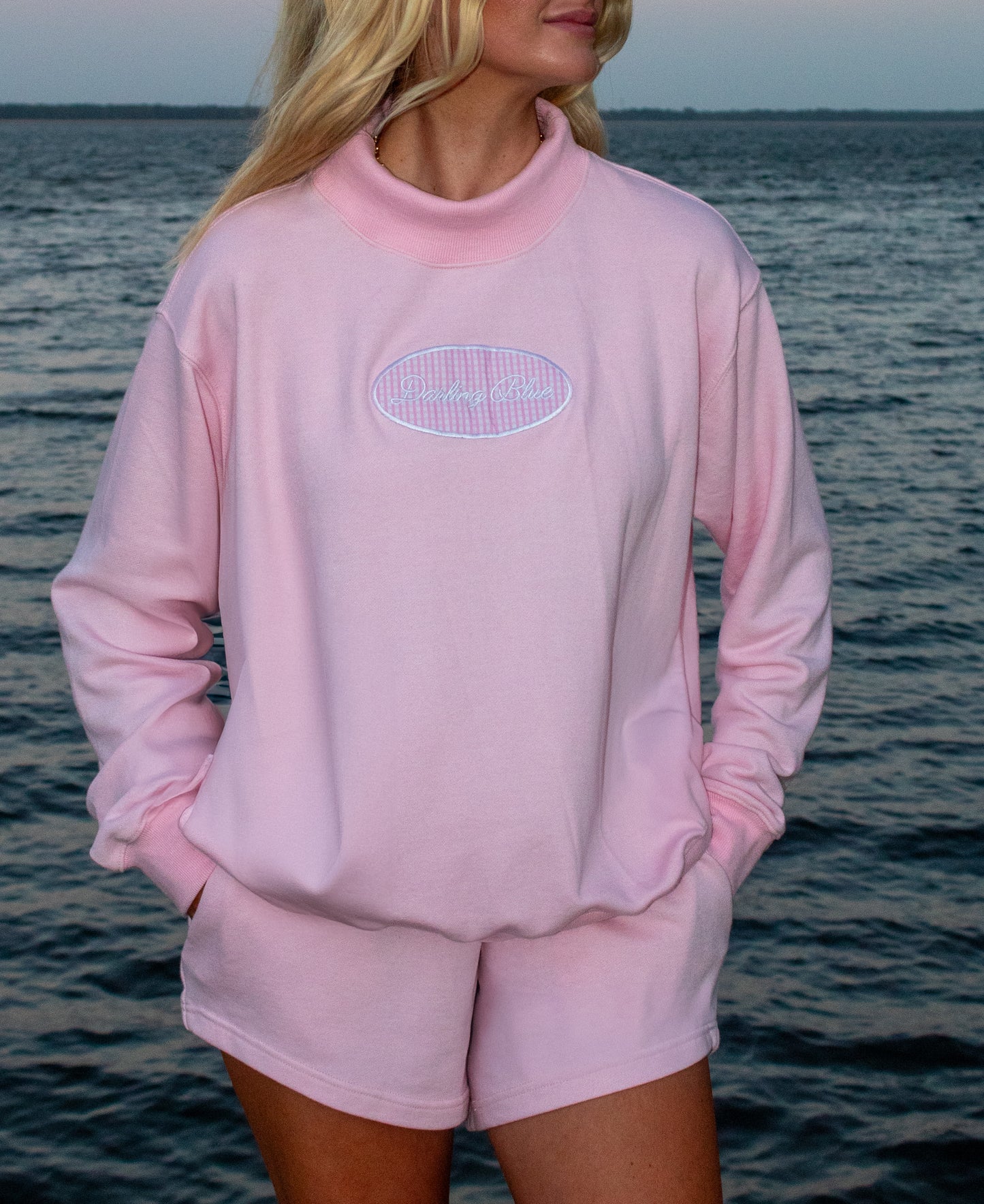 Dockside Pink Gingham Embroidered Mock Neck Sweatshirt