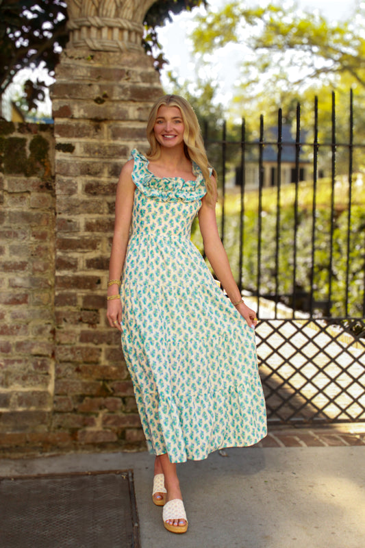 Sullivans Ruffle Midi Dress- Blue