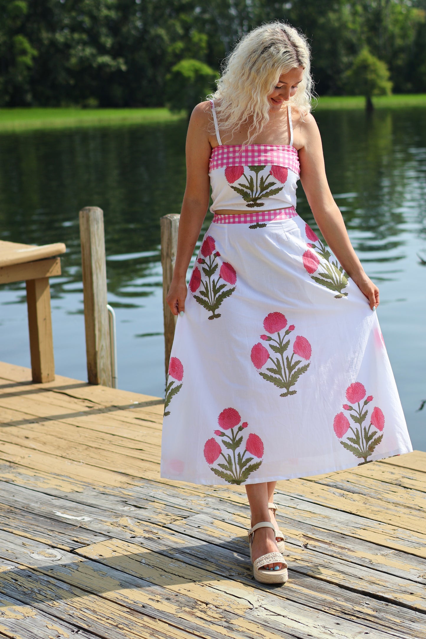 Pink Gingham Floral Maxi Skirt Set