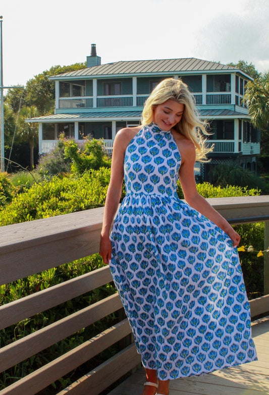 Coastal Blue Halter Neck Midi Dress