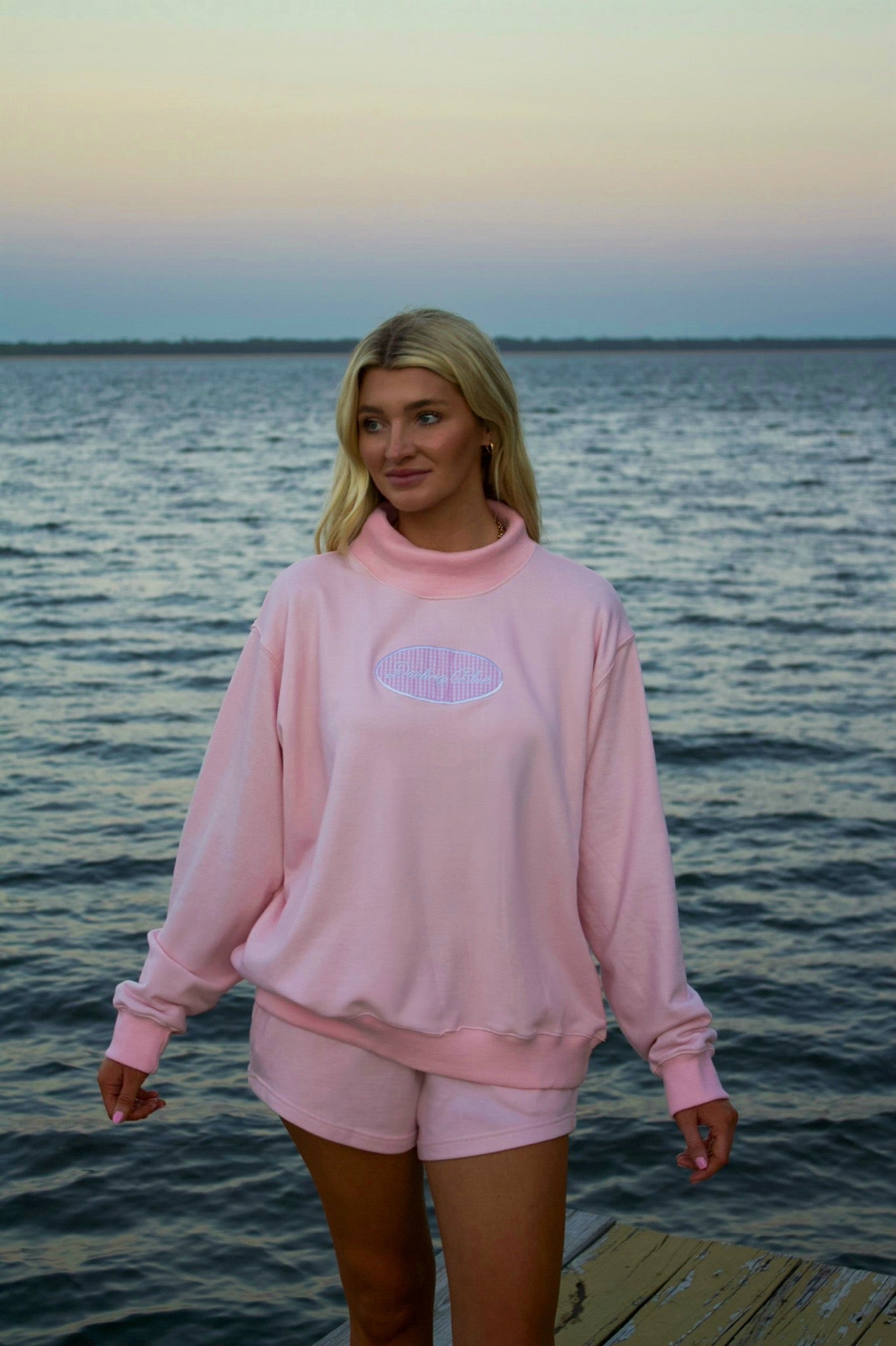 Dockside Pink Gingham Embroidered Mock Neck Sweatshirt