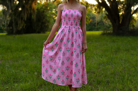 Beaufort Midi Smocking Dress- Pink