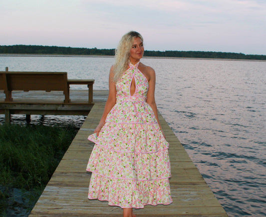 Lila Pink Halter Neck Tiered Midi Dress