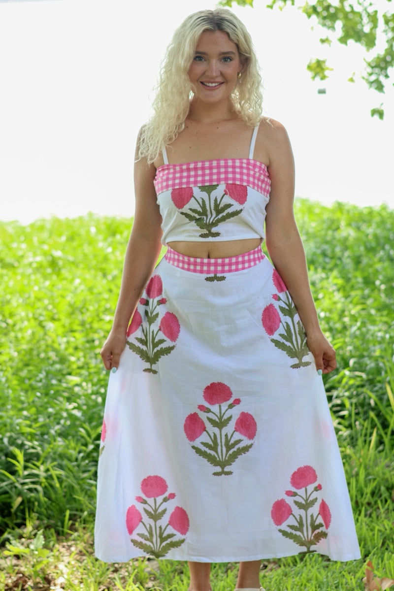 Pink Gingham Floral Maxi Skirt Set
