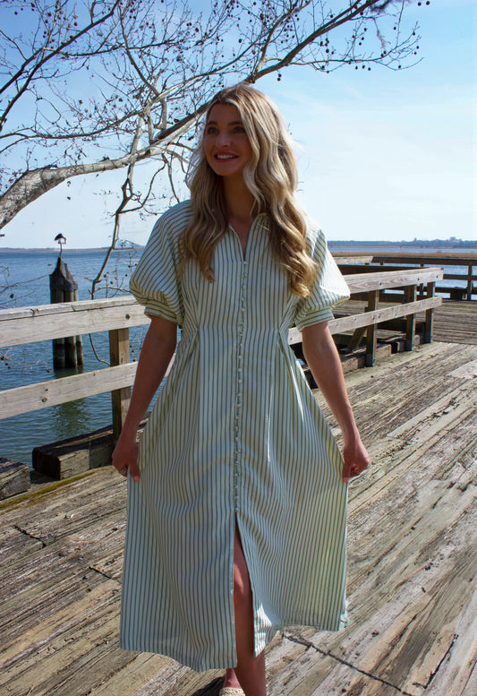 Augusta Green and White Stripe Midi Dress