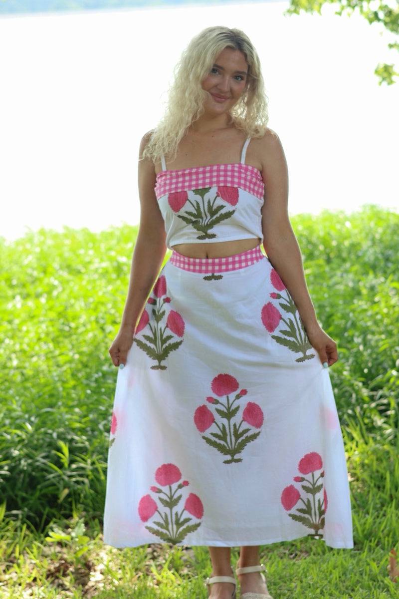 Pink Gingham Floral Maxi Skirt Set