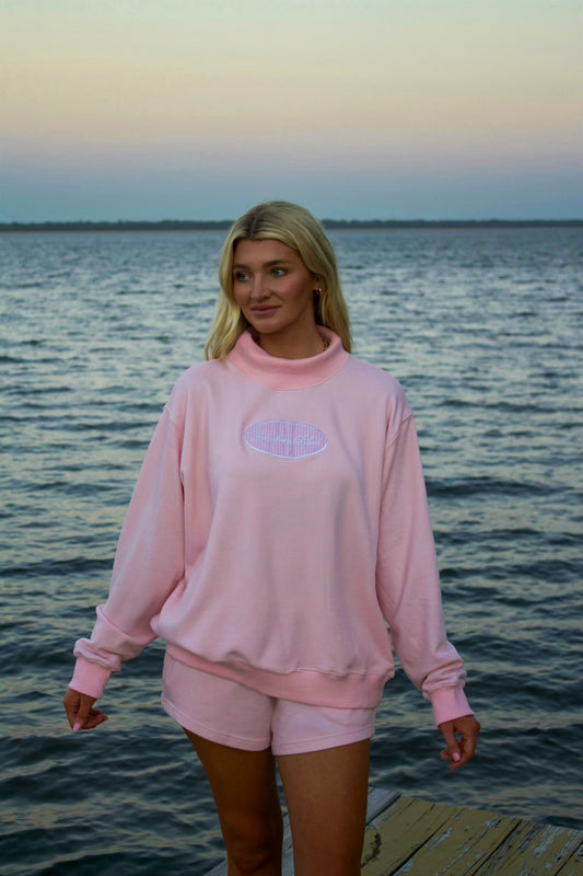 Dockside Pink Gingham Embroidered Mock Neck Sweatshirt