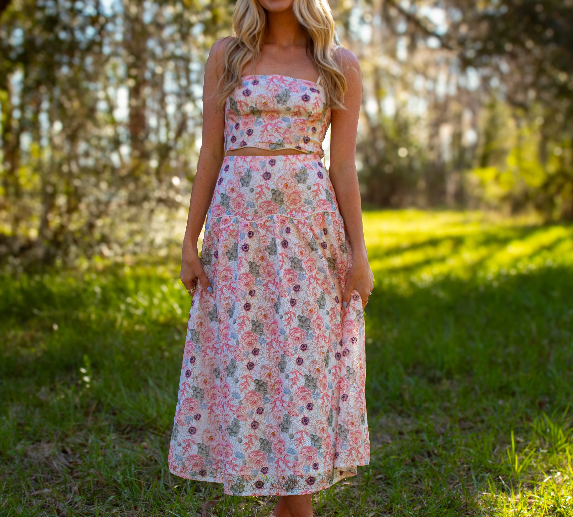 floral two piece midi dress Floating Through Flowers Multi Floral Two-Piece Midi Dress