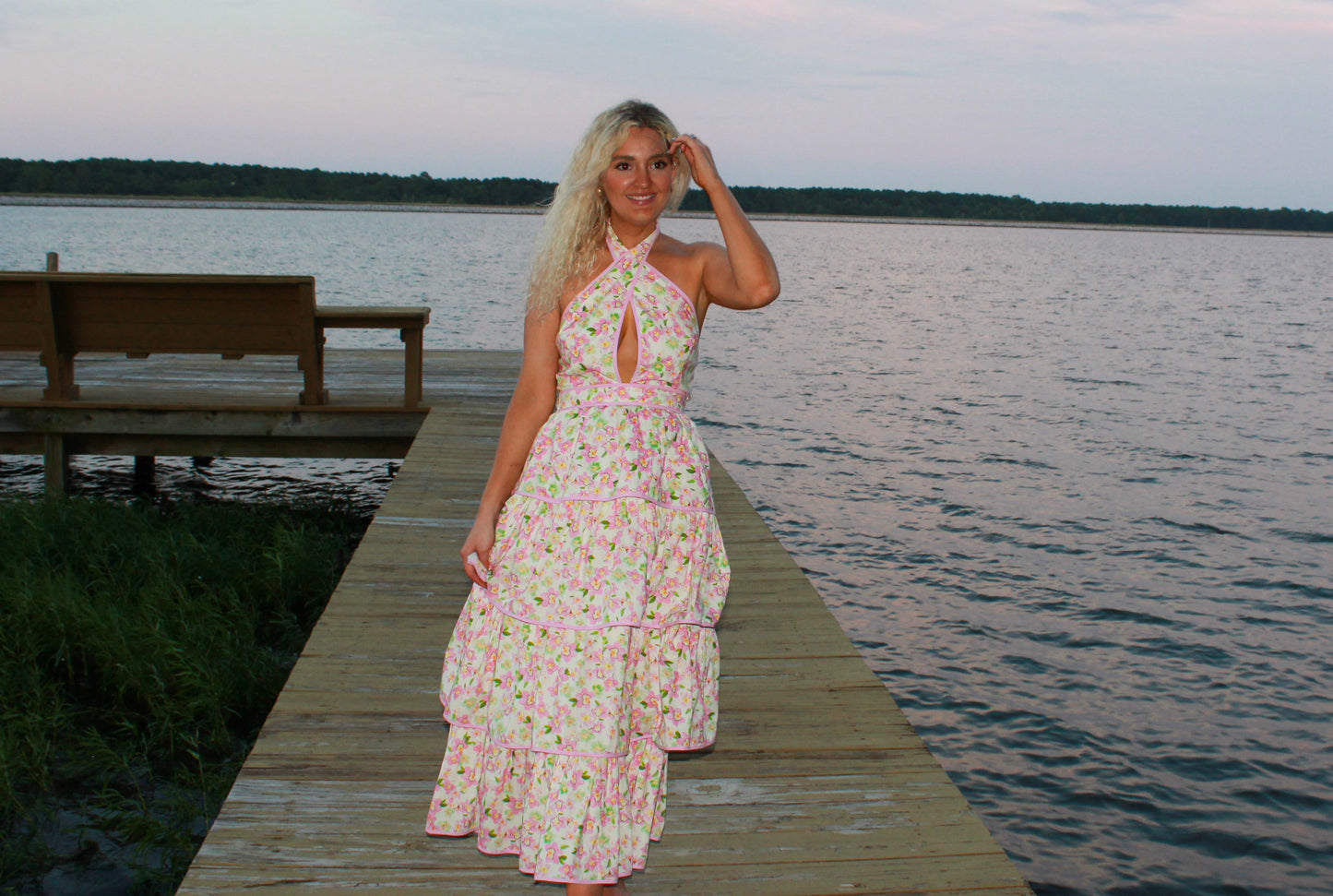 Lila Pink Halter Neck Tiered Midi Dress