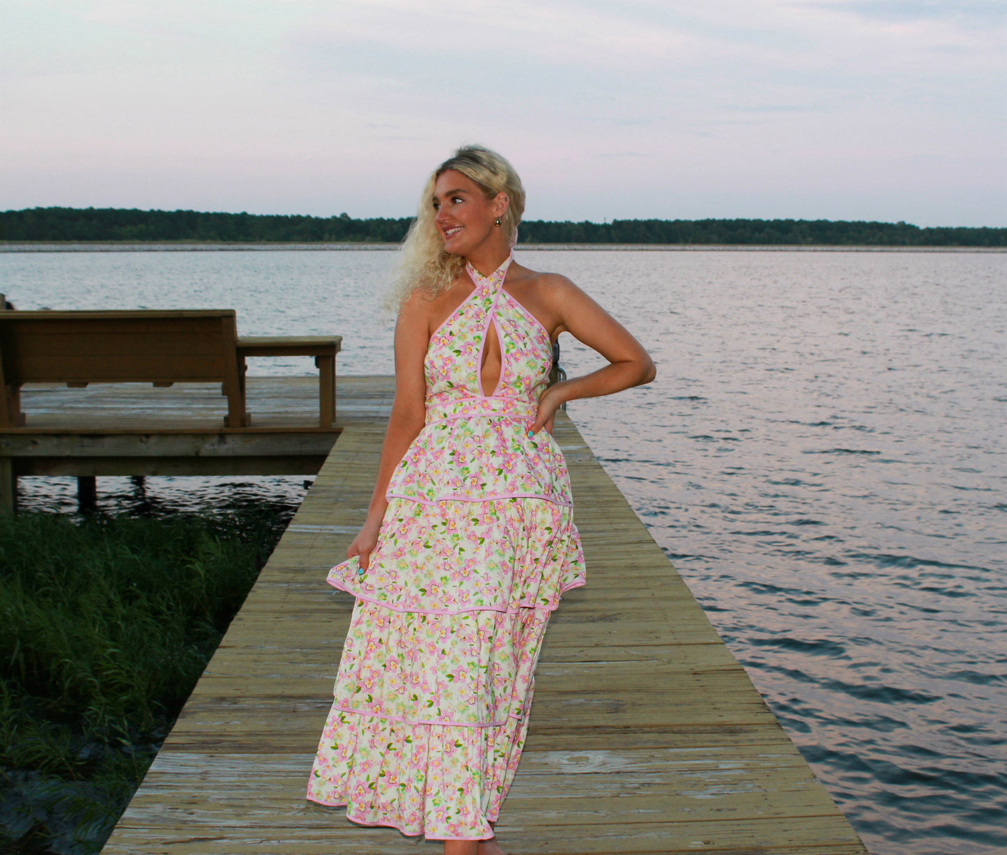 Lila Pink Halter Neck Tiered Midi Dress