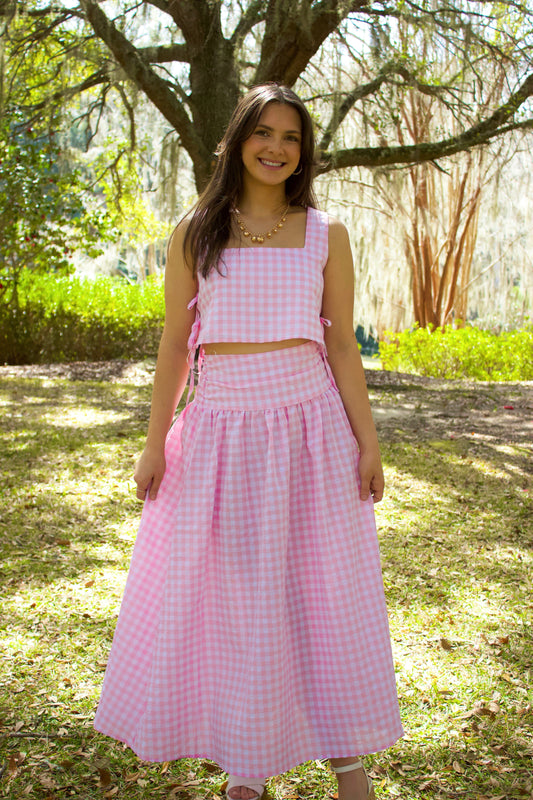 Azalea Pink Gingham Tank and Midi Skirt Set