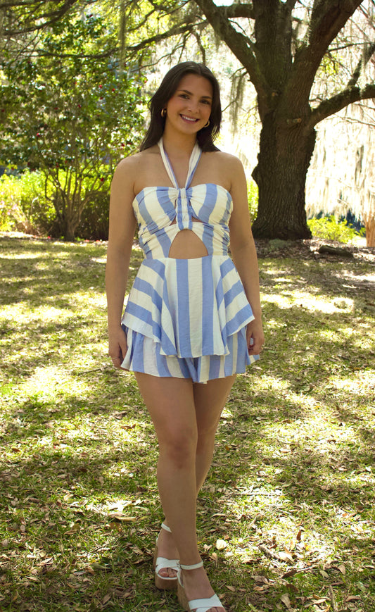 Sally Blue and White Stripe Romper